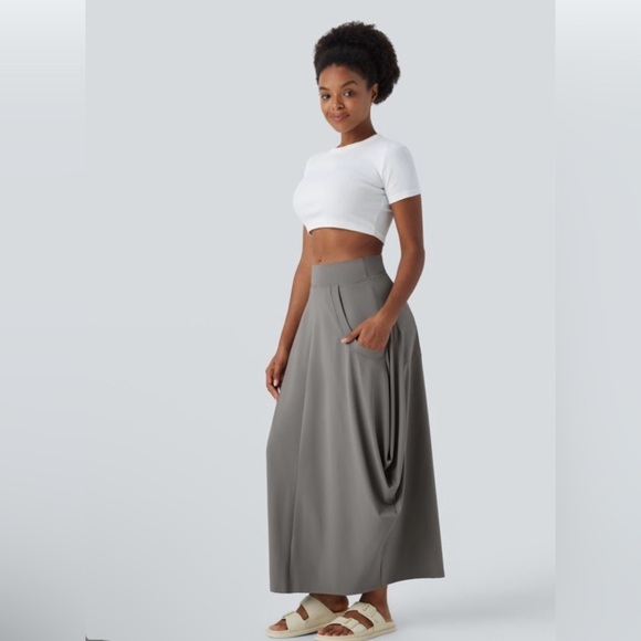 Halara Mid Rise Multiple Pockets Side Draped Maxi Casual Lantern Skirt NWT - Picture 2 of 7
